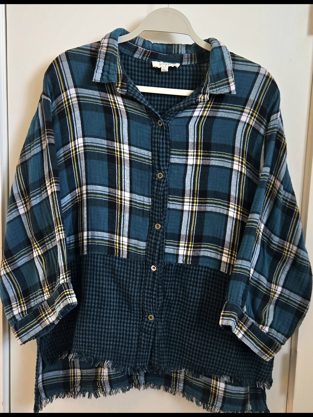 Umgee Teal Black Plaid Button-Up Tunic Top